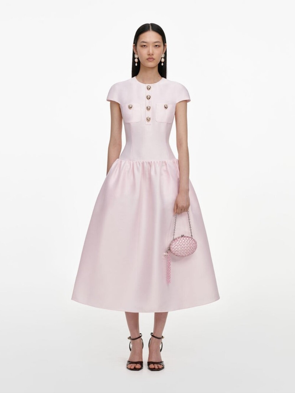 Self Portrait Pink Taffeta Buttoned Midi Dress